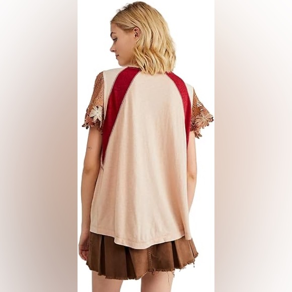 🌻🆕FREE PEOPLE As If Crochet Sleeve T-Shirt Misty Mink Combo-Size X-Small - Picture 6 of 8